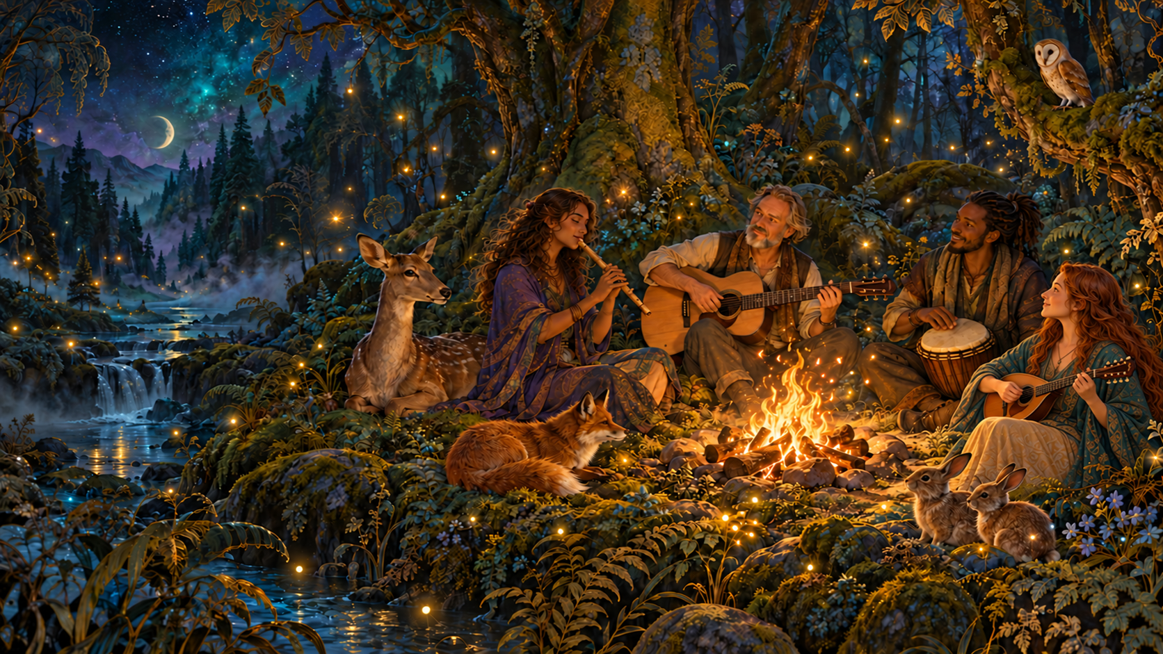 People playing music with woodland animals around a glowing campfire, beneath fireflies and a moonlit forest.