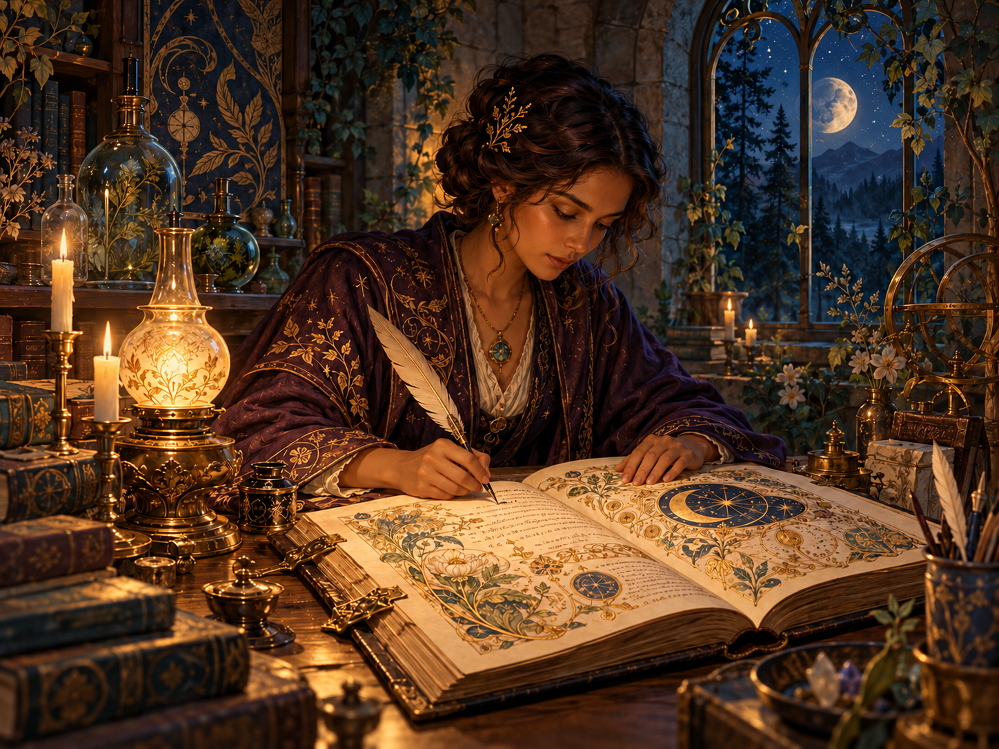 An alchemist writing in a gold-illuminated manuscript by oil lamp and candlelight, with a moonlit forest beyond the window.